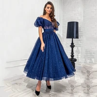 sparkle tulle tea length cocktail dresses a line navy blue prom gown off shoulder short sleeves homecoming wear robe de bal