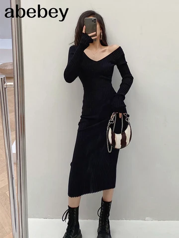 Women Autumn Knitted Dress V Neck Sexy Slim Elastic Oversized Basic Bodycon Sweater Dress Winter knit Warm Long Dress
