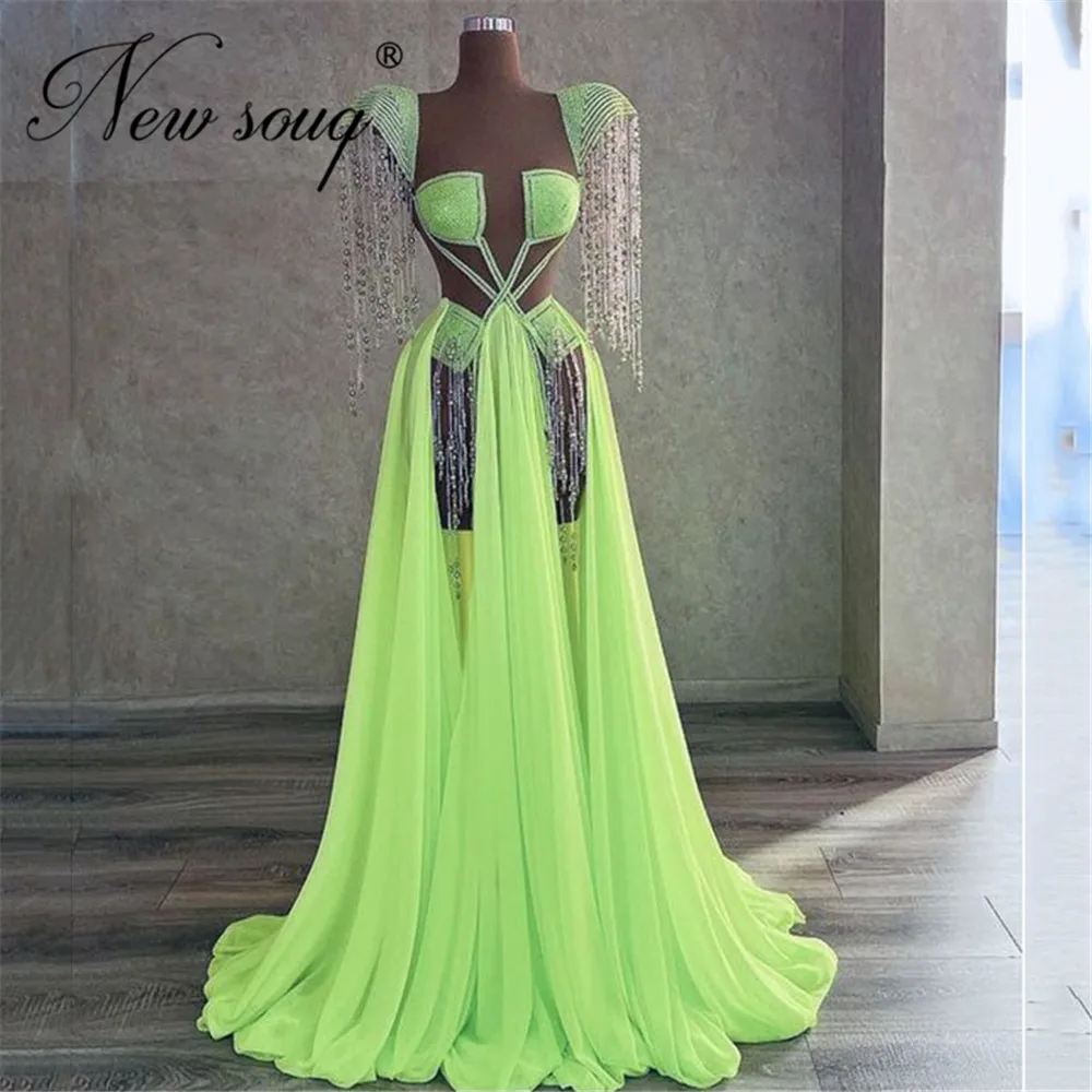 

Elegant Light Green Chiffon Evening Dresses Custom Made Long Tassel Formal Prom Dress For Party Night Robes Cocktail Dress 2022