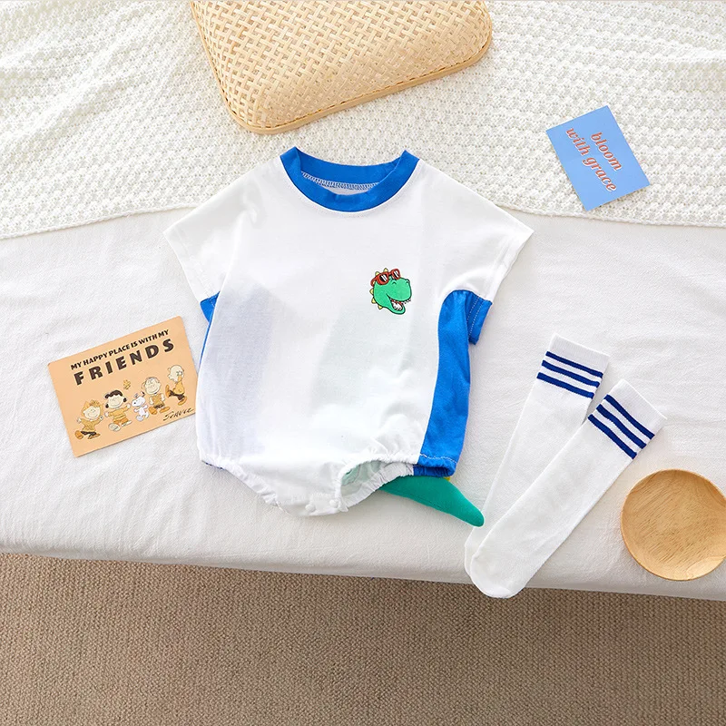 

Summer Infant Baby Romper Cartoon Dinosaur Panda Rabbit Printed Short Sleeve Baby Girls Boys Jumpsuits Gift Striped Stockings