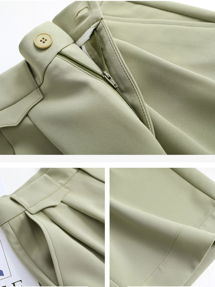 Summer Green Shorts Women High Waist Straight Knee-length Shorts for Women with Pocket Wide Leg Casual Short Pants Ladies Office