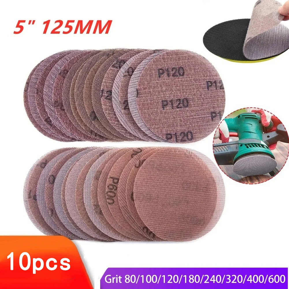 

10 Sheets 5 Inch Mesh Hook&Loop Sanding Discs Dust Free Sandpaper 80 To 600 Grit Anti-Blocking Sharp Grinding Sandpaper For Wood