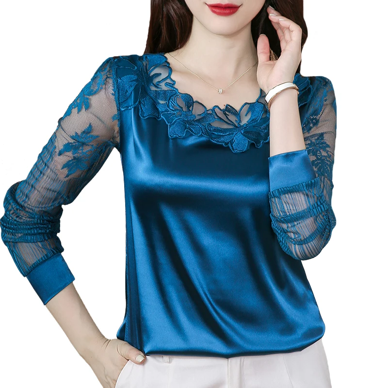 

Элегантная кружевная рубашка с длинным рукавом, строченная атласная блузка, модные женские топы, повседневная одежда