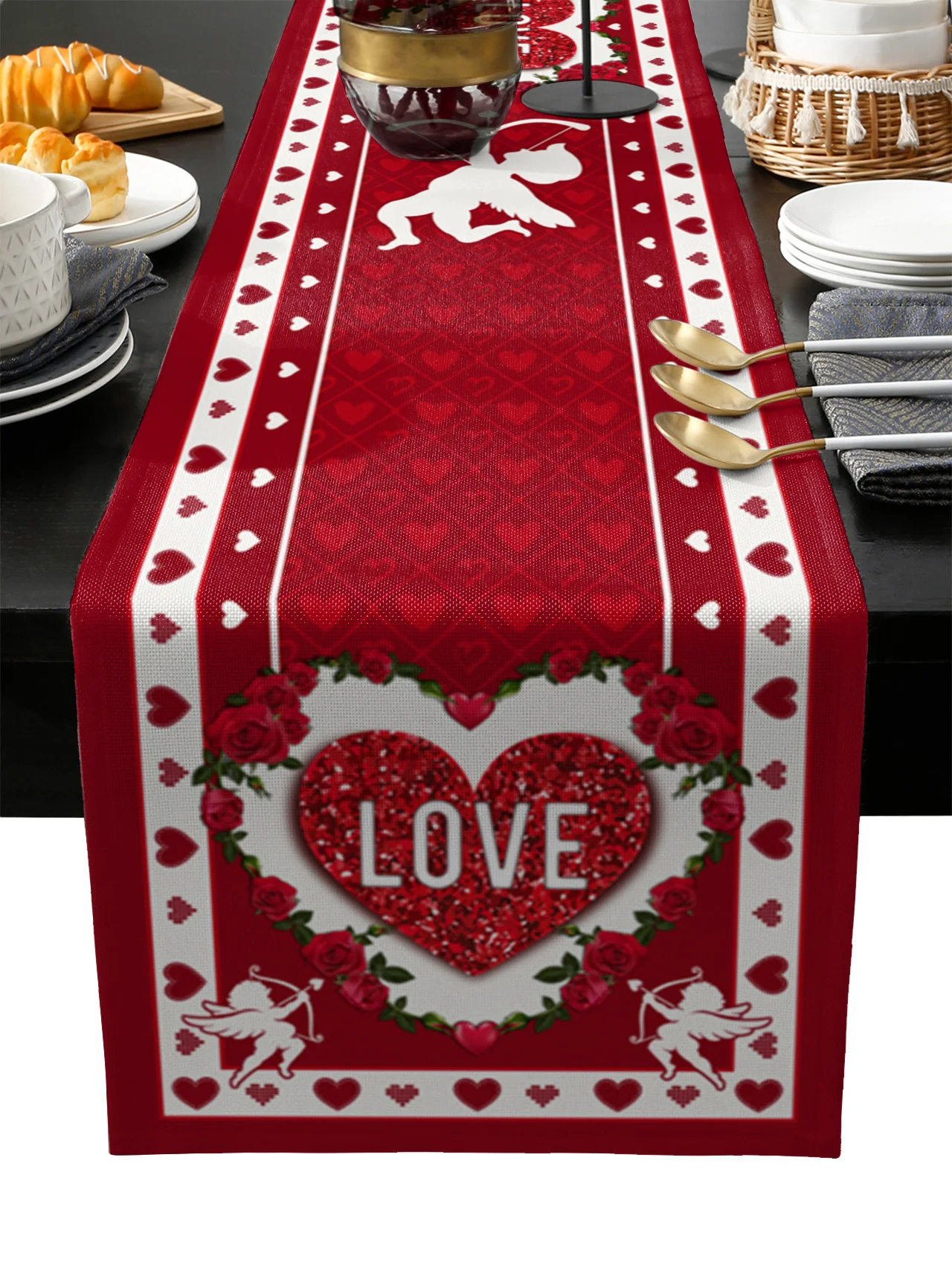 

День Святого Валентина, красный фон, сердца, Настольная дорожка, свадебное украшение, домашний декор, кухонная настольная дорожка, подставк...