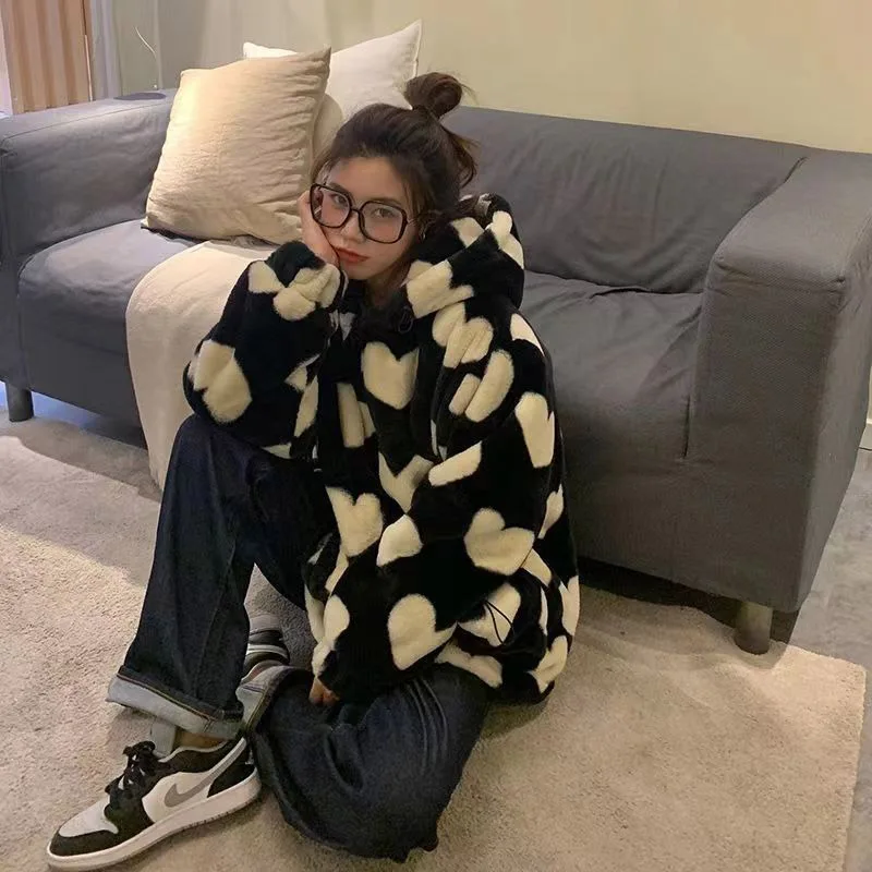 Thickened Faux Rabbit Fur Coat Pink Love Print Hoodie Sweatshirt Cotton Jacket 2022 New Casual Loose Long Sleeve Fur Coat Women