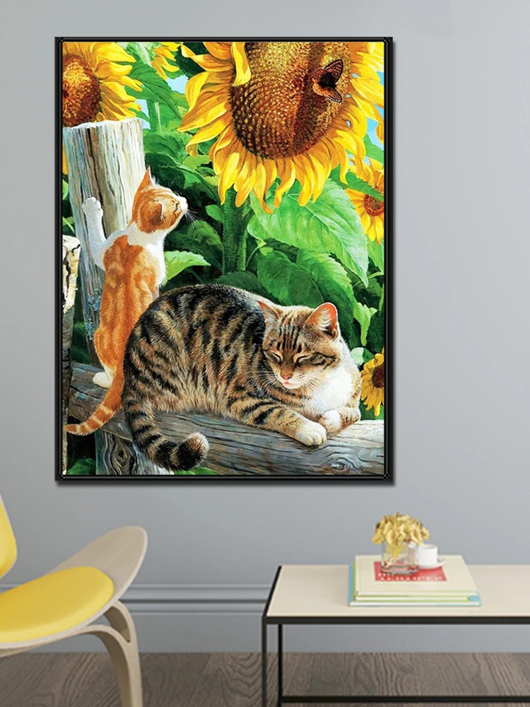 

5D алмазная живопись «сделай сам», Цветочная Алмазная вышивка, Круглая Мозаика в виде кошки, набор для декора, домашний декор, картина Стразы