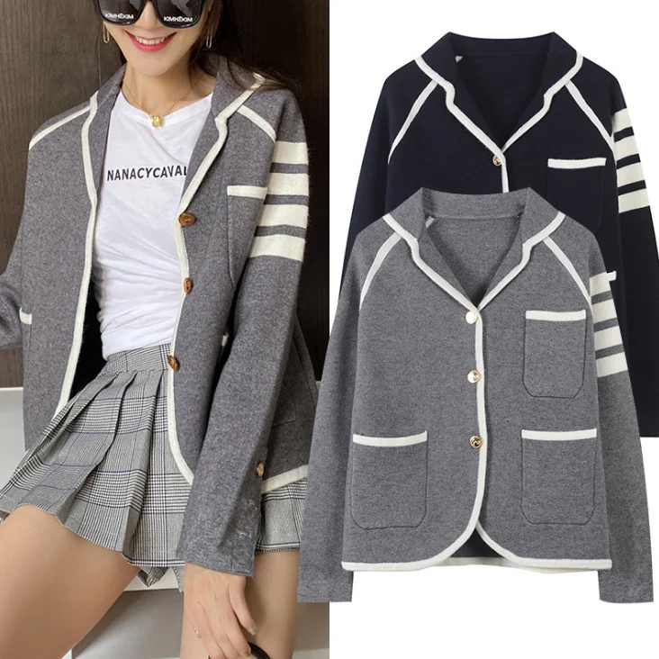 New spring and autumn fashion temperament loose British style gray TB knitted suit jacket women suit jacket