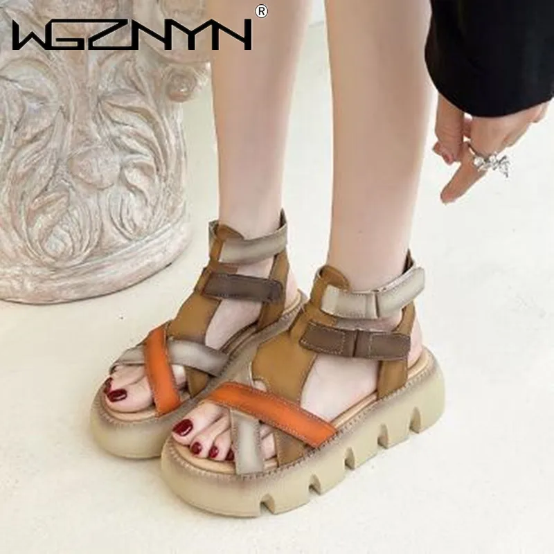 

Handmade Genuine PU Leather Sandal Woman Thick Bottom Roman Summer New Korean Edition Open-toe Buckle Beach Sandal Woman Shoes