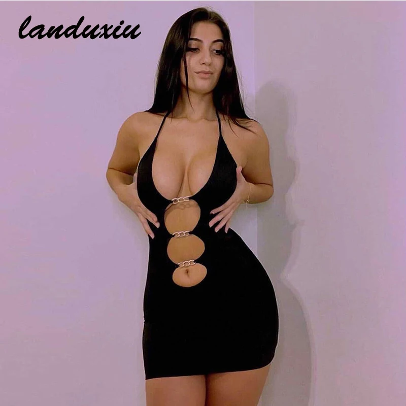 

Landuxiu New Women's Solid Color Hanging Neck Metal Hollow Backless Dress Nightclub Party Tight Skirt Suspender Skirt For Women