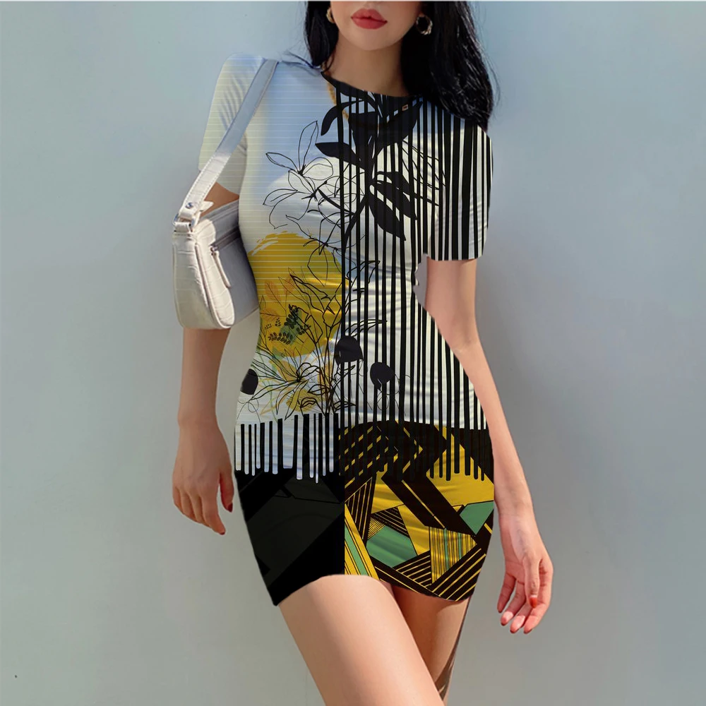 

Fashion Retro Short Sleeve Mini Dress Ladies Summer Hip Tight Party Sexy Club Suit 2022 Boho Slim Pencil Short Vestido