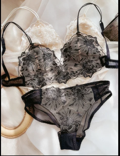 

French Bra and Panty Set Women Sexy Slim Bra Lace Embroidery Triangle Cup Anti Bump No Steel Ring Underwear Set Black Bralette