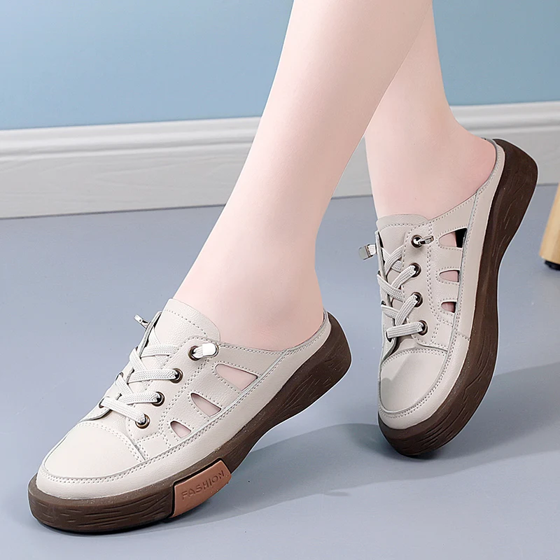 

Summer Women Flats Shoes Half Drag Slippers CutOut Leather Breathable Casual Slippers Ladies Fashion All-match Sandals Chaussure