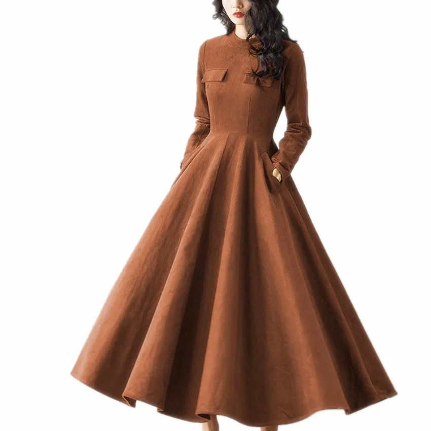 

Spring Autumn Corduroy Long Dress Women High Waist Slim Big Swing Vinatge Plus Size