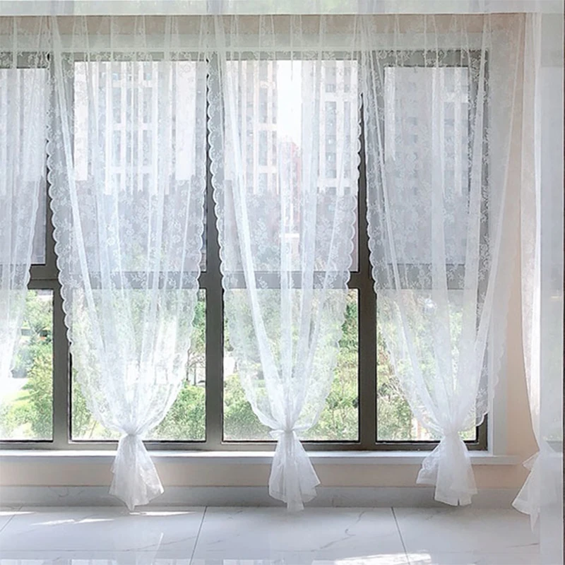 

Korean-style Lace Finished Curtain Door Partition Pastoral Living Room Curtain Free Punching Velcro Installation Gauze Curtain