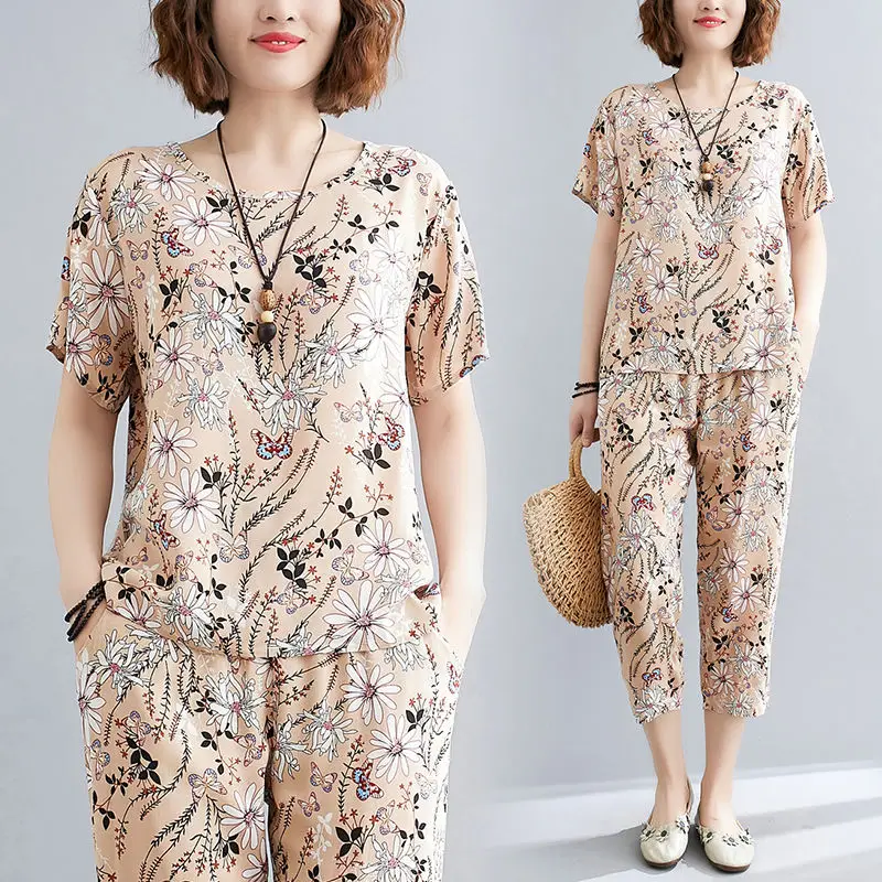 

Women 2022 Summer New Print Fashion Clothes Set Female Loose Casual Set Short Sleeve Tops Harem Pants Two Piece Ladies Suit N88