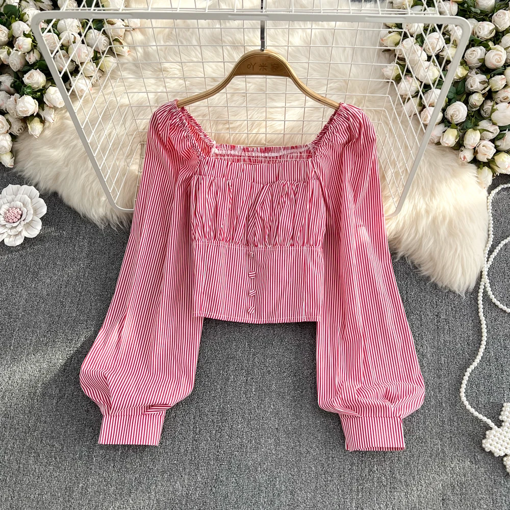

French Square Collar Exposed Collarbone Bubble Long-sleeved Shirt Women's Autumn New High-waisted Short Striped Top