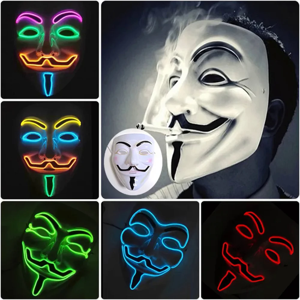 Неоновая яркая светодиодная маска для Хэллоуина яркие маски V Vendetta Декор унисекс