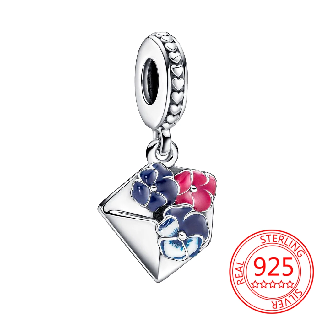 

2022 New Colorful Pansy Flower Envelope Dangle Charm Fit Pandora Bracelet Girl Wedding S925 Sterling Silver Jewelry Gift