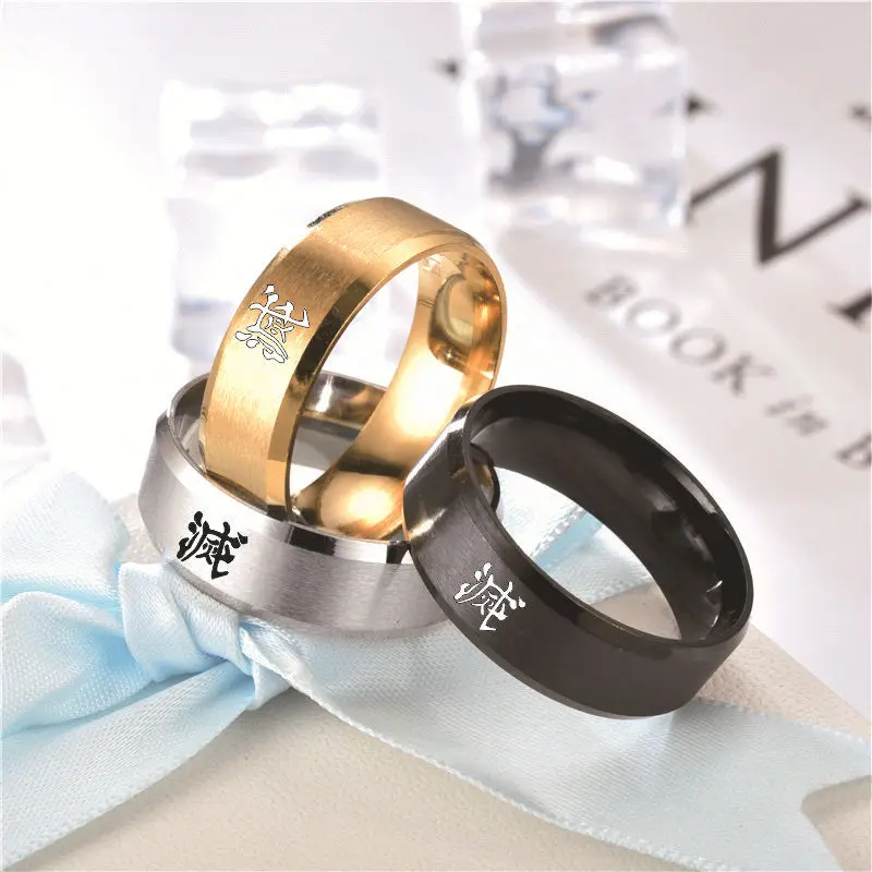 

Anime Demon Slayer Logo Sign Rings Kimetsu No Yaiba Stanless Steel Ring Black Sliver Ring Simple Jewelry Cosplay Women Men Gifts
