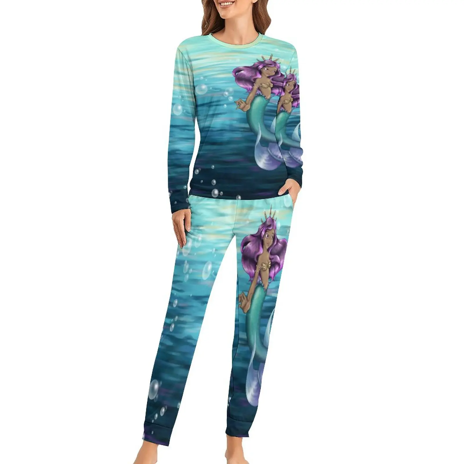 

Cartoon Mermaid Lole Pajamas Beach Ocean Leisure Oversize Sleepwear Women 2 Pieces Graphic Pajama Set Long Sleeve Soft Home Suit
