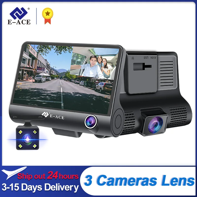 E-ACE 3 Cameras Lens 4.0 Inch Touch Screen Car Dvr Video Recorder 1080P*480*480 Auto Dash Camera support Rear view Camera