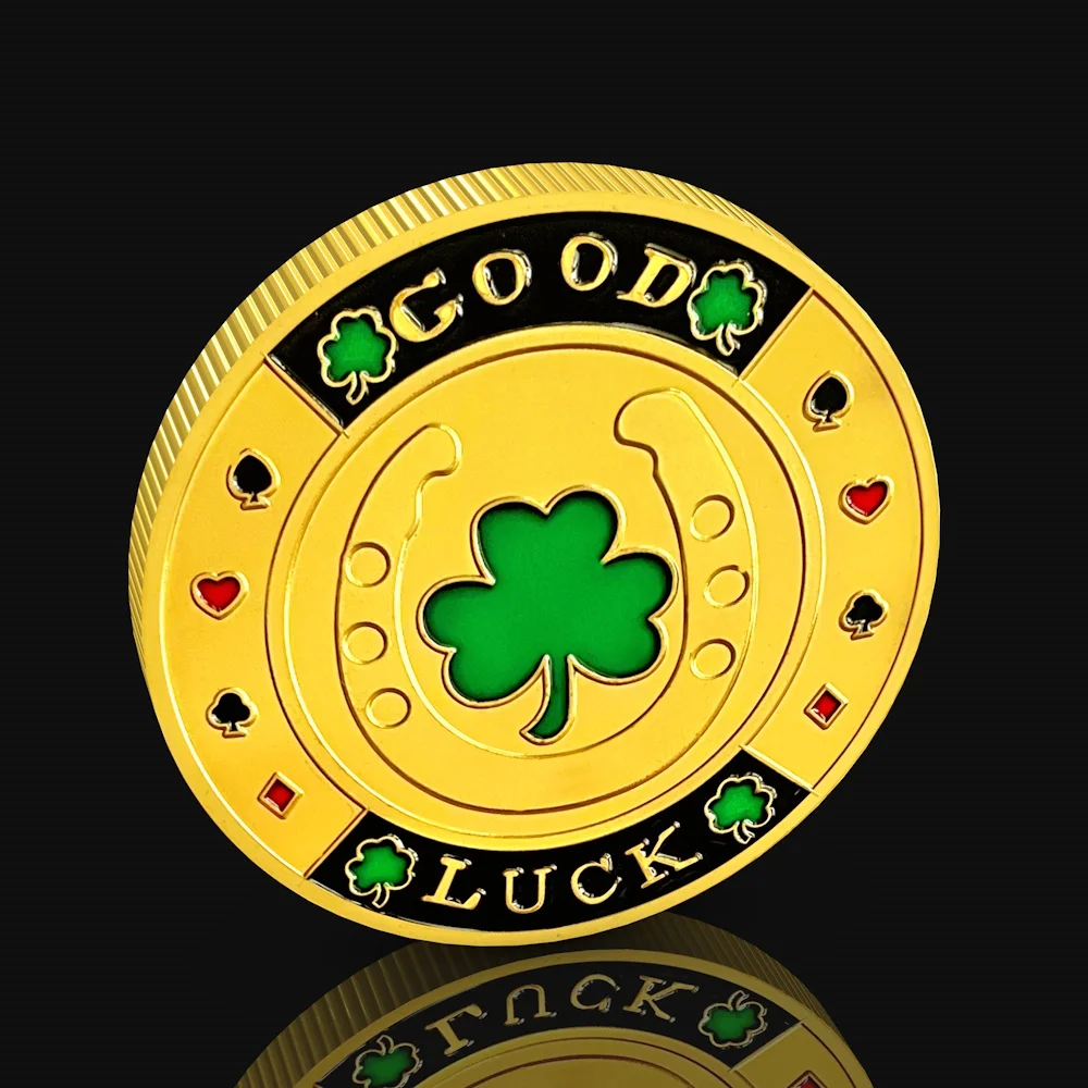 

Позолоченные монеты Lucky Clover в виде покерной карты, металлические монеты Лас-Вегаса, игральные чипы, коллекция небольших подарков