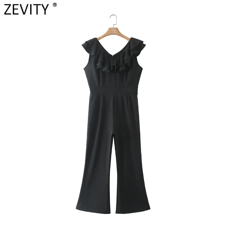 

Zevity Women Fashion Pleat Cascading Ruffles V Neck Black Slim Jumpsuits Chic Ladies Casual Rompers P1280