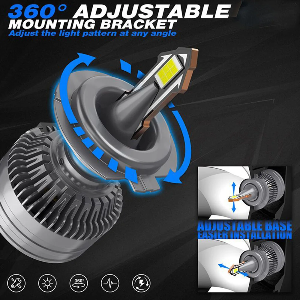 

Super Bright Car Headlight Bulbs, 12V 70W 360° Adjustable Bracket, Compatible with H1 H7 9005 9006 9012 HB3 HB4 Hir2 H8 H9 H11!