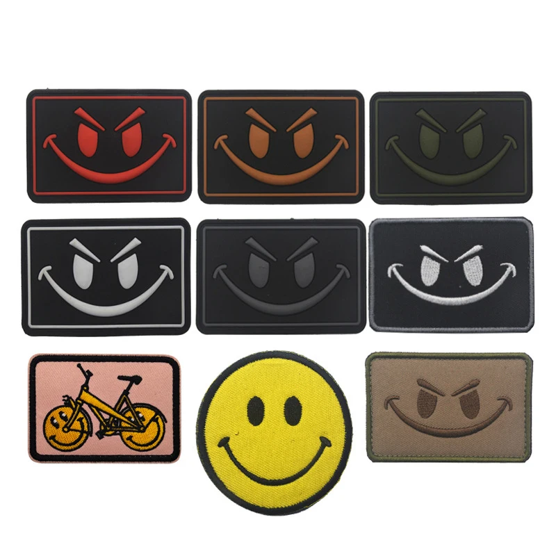 

High Quality Embroideried Patches Smile Face Hook Patch 3D PVC Armband Tactical Velcro Patches Clothes Backpack Stickers