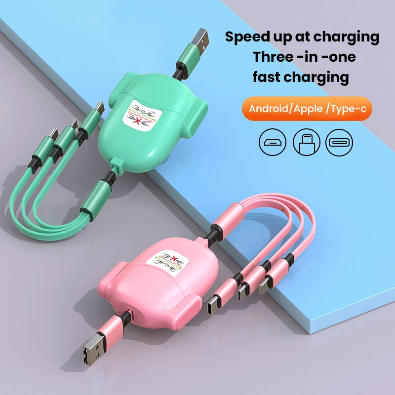 

Robot One Drag Three Mobile Phone Fast Charging Retracting Data Cable Suitable For Xiaomi Huawei iPhone 14 13 12 11 Pro Max