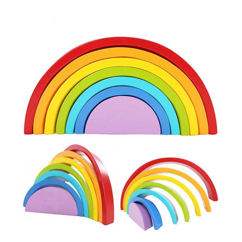 

7 шт./лот красочные деревянные радужные строительные блоки, игрушки, деревянные блоки, круг, набор, детский цвет, сортировка, игра, игрушки, по...