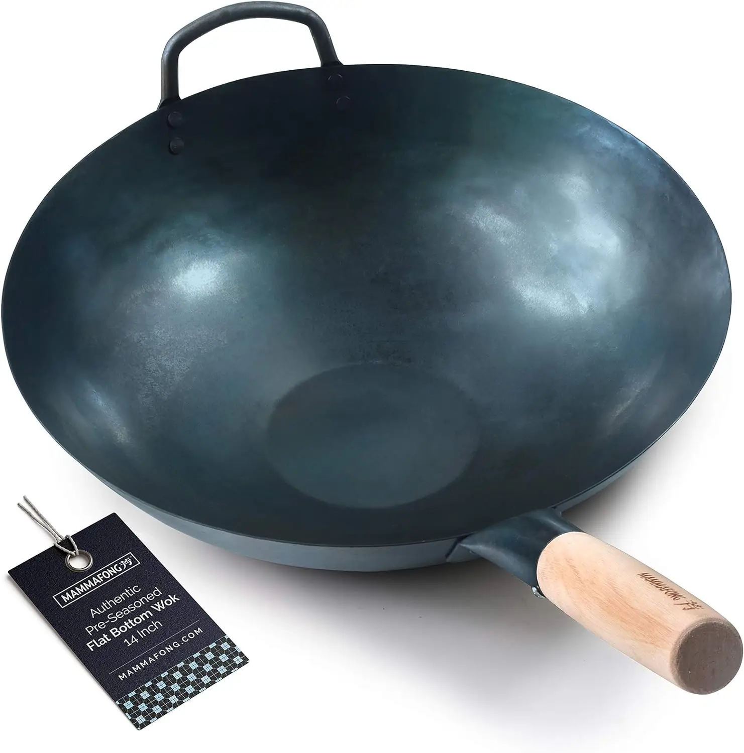 

Seasoned Blue Carbon Steel Flat Bottom Wok -14 Inch Chinese Pow Wok - Traditionally Hand Hammered Woks and Stir Fry Pans\u2026