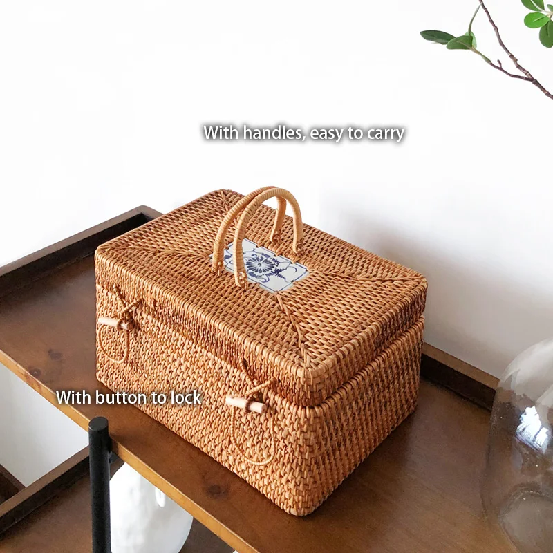 

Rattan Cake Organizer Portable Box Wicker Kitchen Food Box Fruit With Tea Basket Bread Handle Picnic Container Storage Handwoven