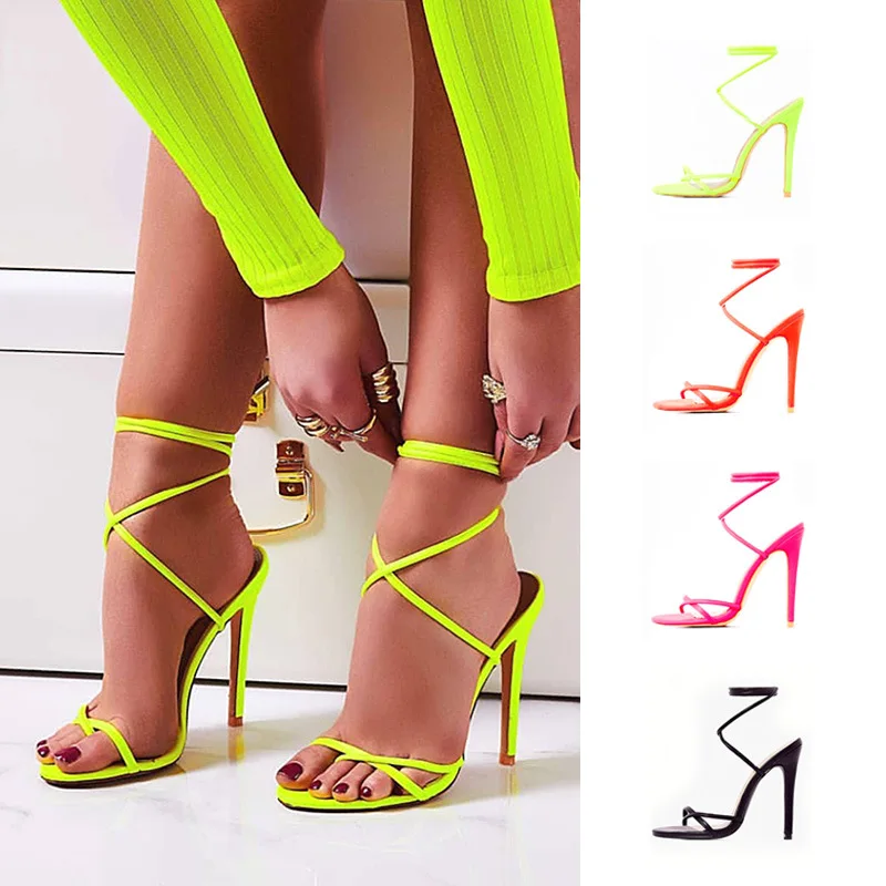 

High heel sandals women's shoes European and American candy color clip toe lace up thin heel women's sandals