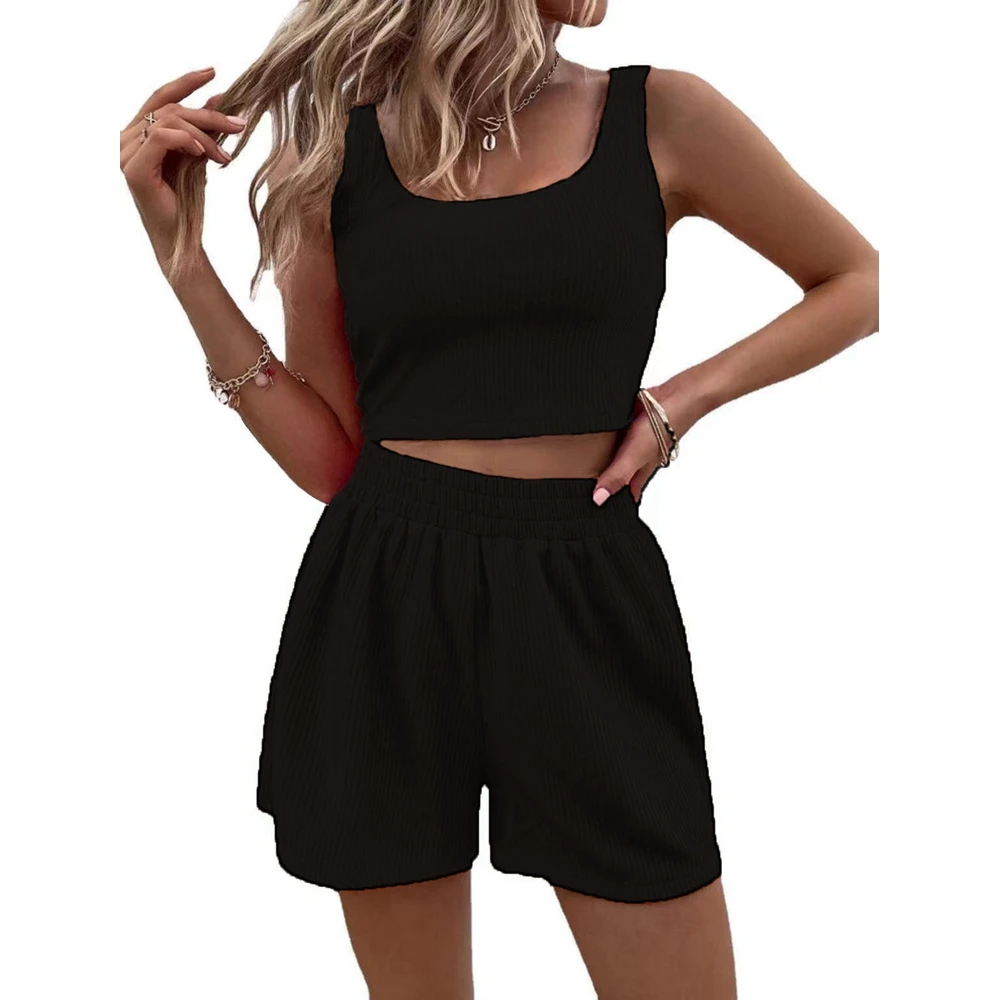 Womens Summer Geometri Print Fashion Cisscross Halter Sleeveless Cami Top & Shorts Set Casual 2 Piece Set Outfits Women Clothing