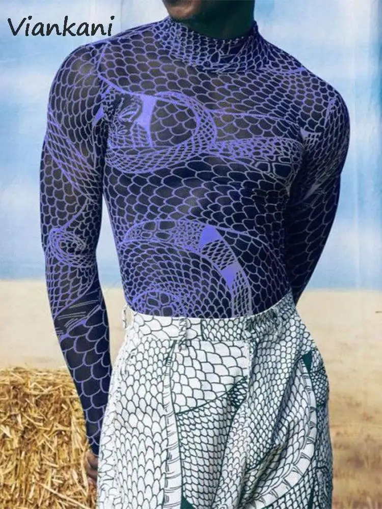 

Футболка мужская Прозрачная облегающая, пикантный пуловер с длинным рукавом и винтажным принтом, водолазка, модная уличная одежда