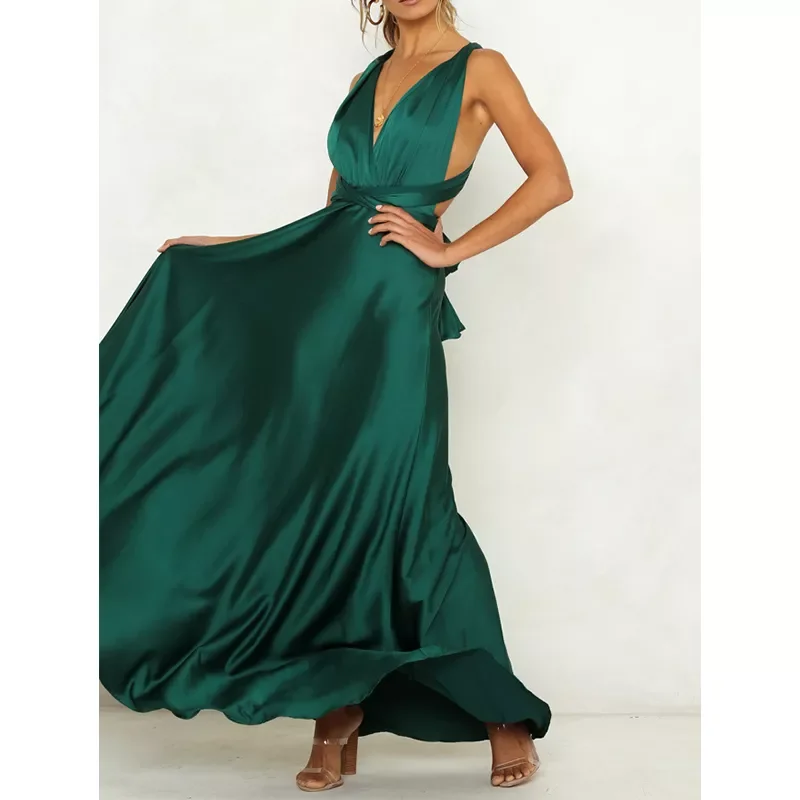 

Elegant Green Satin Party Dress Sexy Bandage Strapless Backless Summer Long Dresses W05