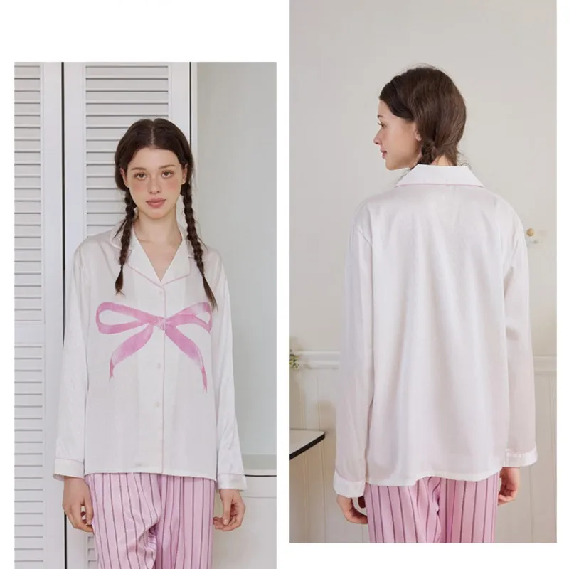 Рубашки с бантом и брюки-стрипа милый повседневный пижамный костюм новинка 2025