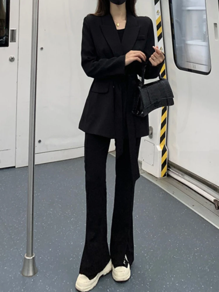 

Новый женский корейский модный Деловой брючный костюм с длинным рукавом, винтажный Повседневный Блейзер и брюки, 2 предмета, верхняя одежда из органической кожи