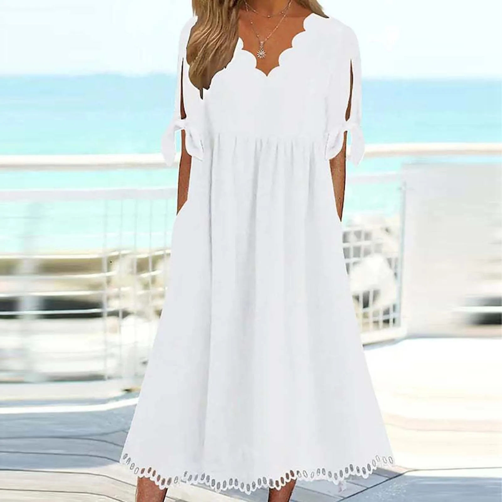 

Women's V Neck Short Sleeved White Style Dress Dress French Swing Dress