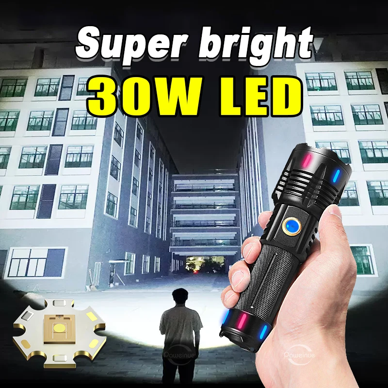 

High Power 30W LED Flashlights Super Bright Telescopic Zoom Lantern 18650 Lamp Type-C Charging Torch Fishing Camping Flash Light