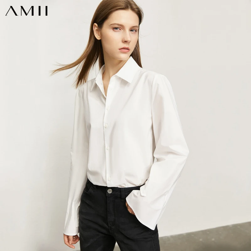 

Amii Minimalism Autumn Women's Blouse Elegant Solid Flare Sleeve Button up Shirts For Women Casual Blouses Female Tops 12130348