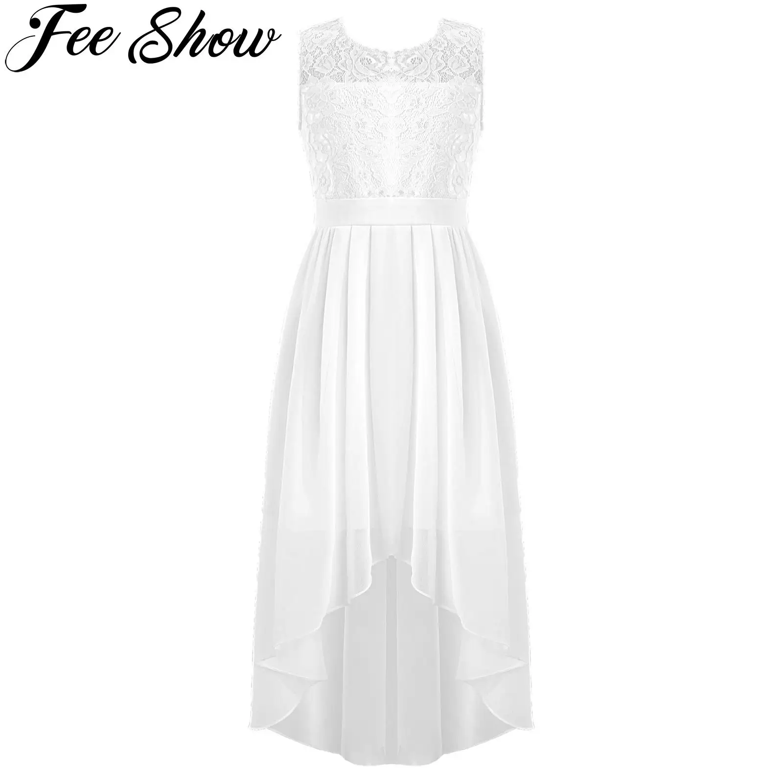 

Flower Girl's Elegant Floral Lace Chiffon Dress Sleeveless Asymmetrical High-Low Hem Summer Dress for Wedding Birthday Party