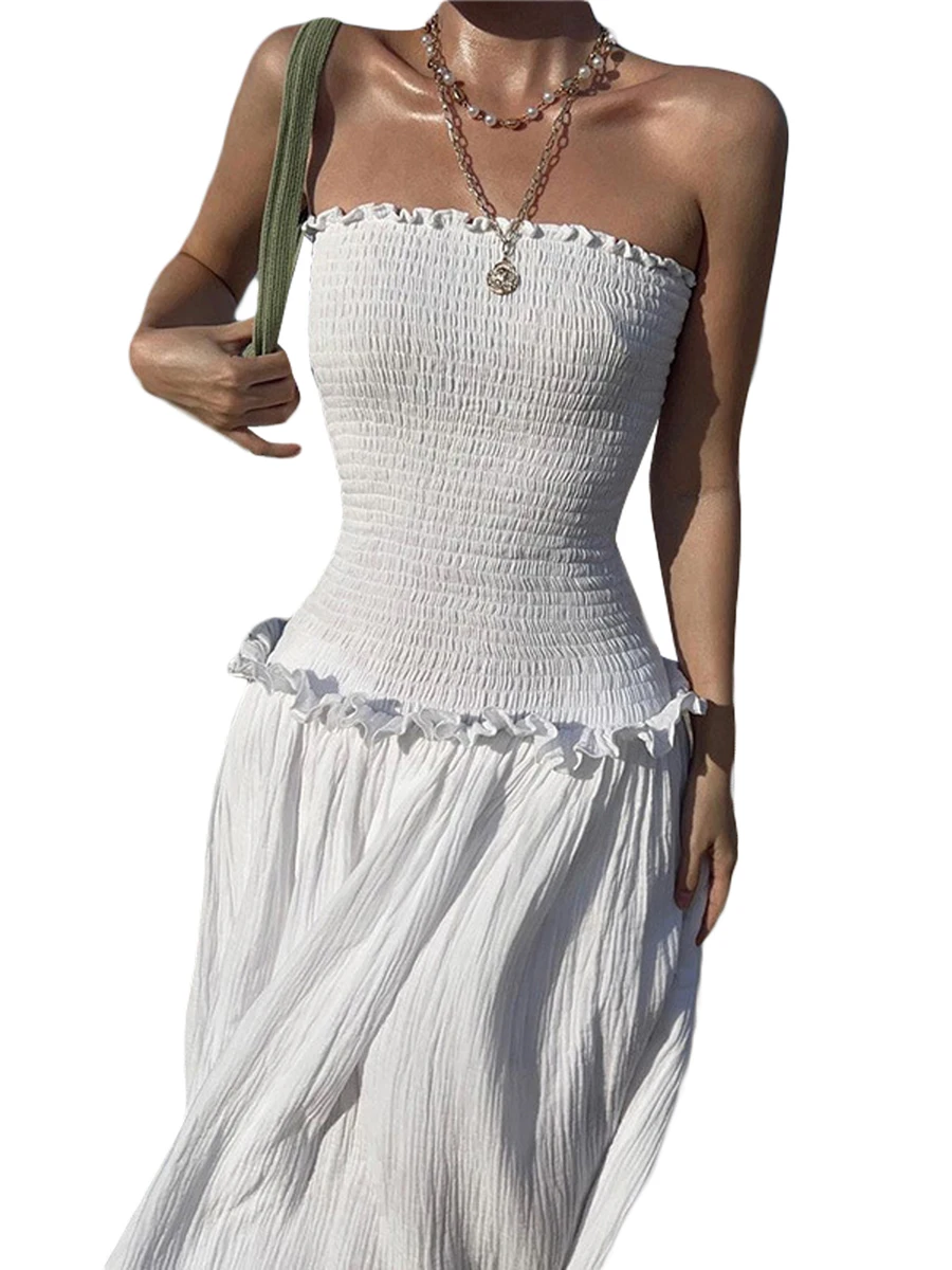 

Женское однотонное платье-футляр с рюшами, без бретелек, с вырезом лодочкой, длинное летнее праздничное платье-трапеция с открытой спиной