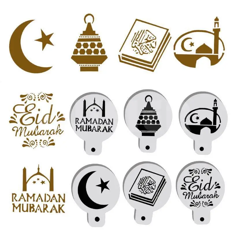 

8pcs/set Eid Mubarak Coffee Spray Stencils Cookie Biscuit Cake Mold DIY Decoration Ramadan Mubarak Muslim Islamic Festival Party