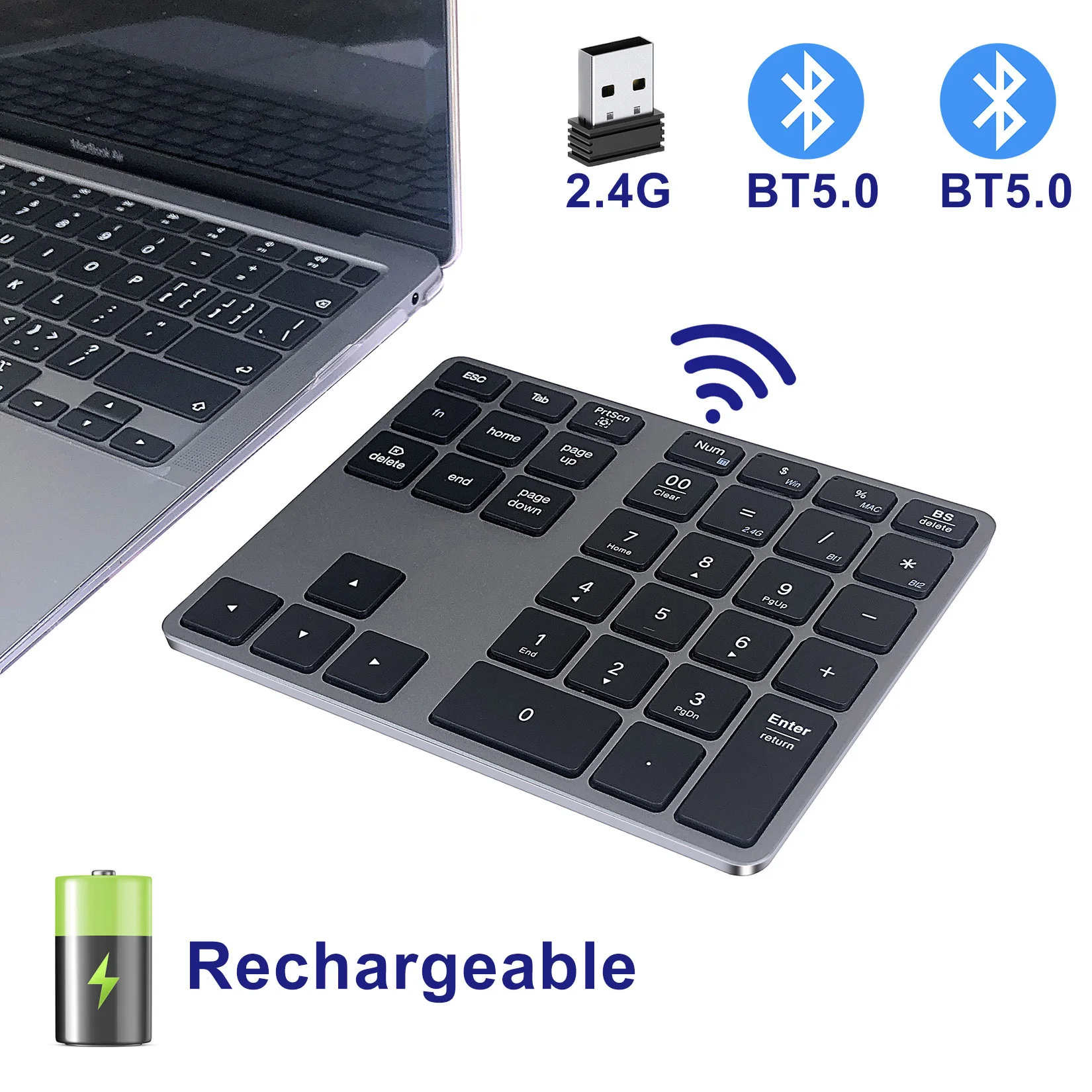 

Bluetooth Numeric Keypad Aluminum Rechargeable Wireless Number Pad Slim 35 Keys USB+BT5.0 Numpad Keyboard for Mac,Macbook,Laptop