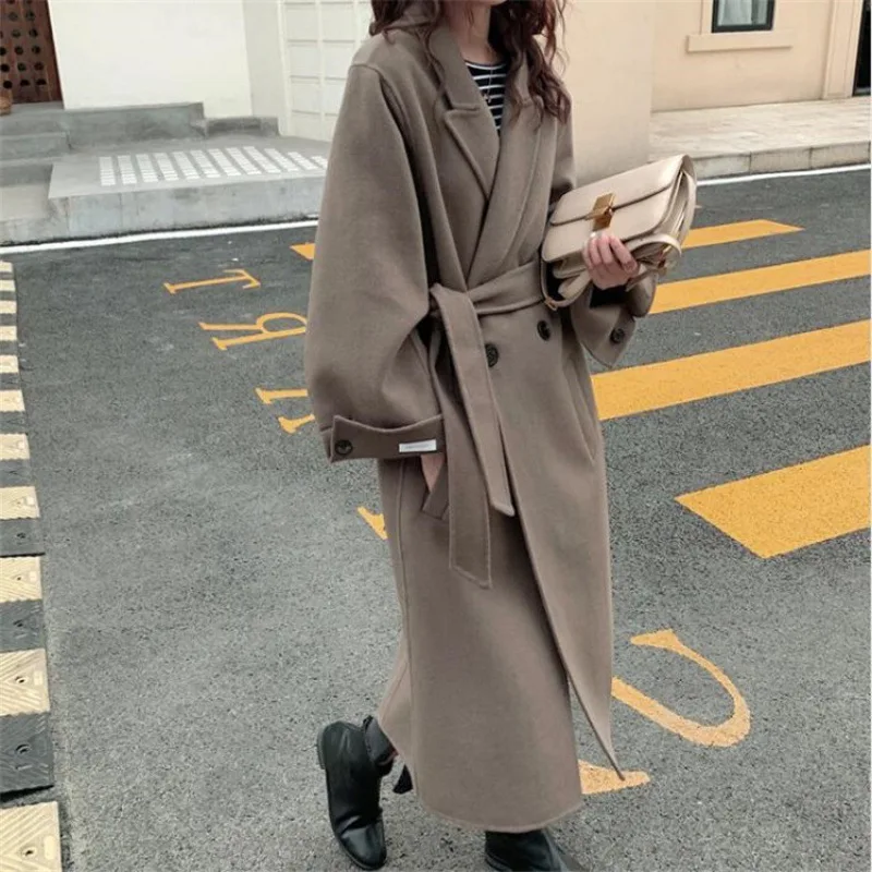 

Korean Double-sided Woolcoat Womes Long Jackets 2023 New Autumn and Winter Belt Double-breasted Woolen Coat for Women