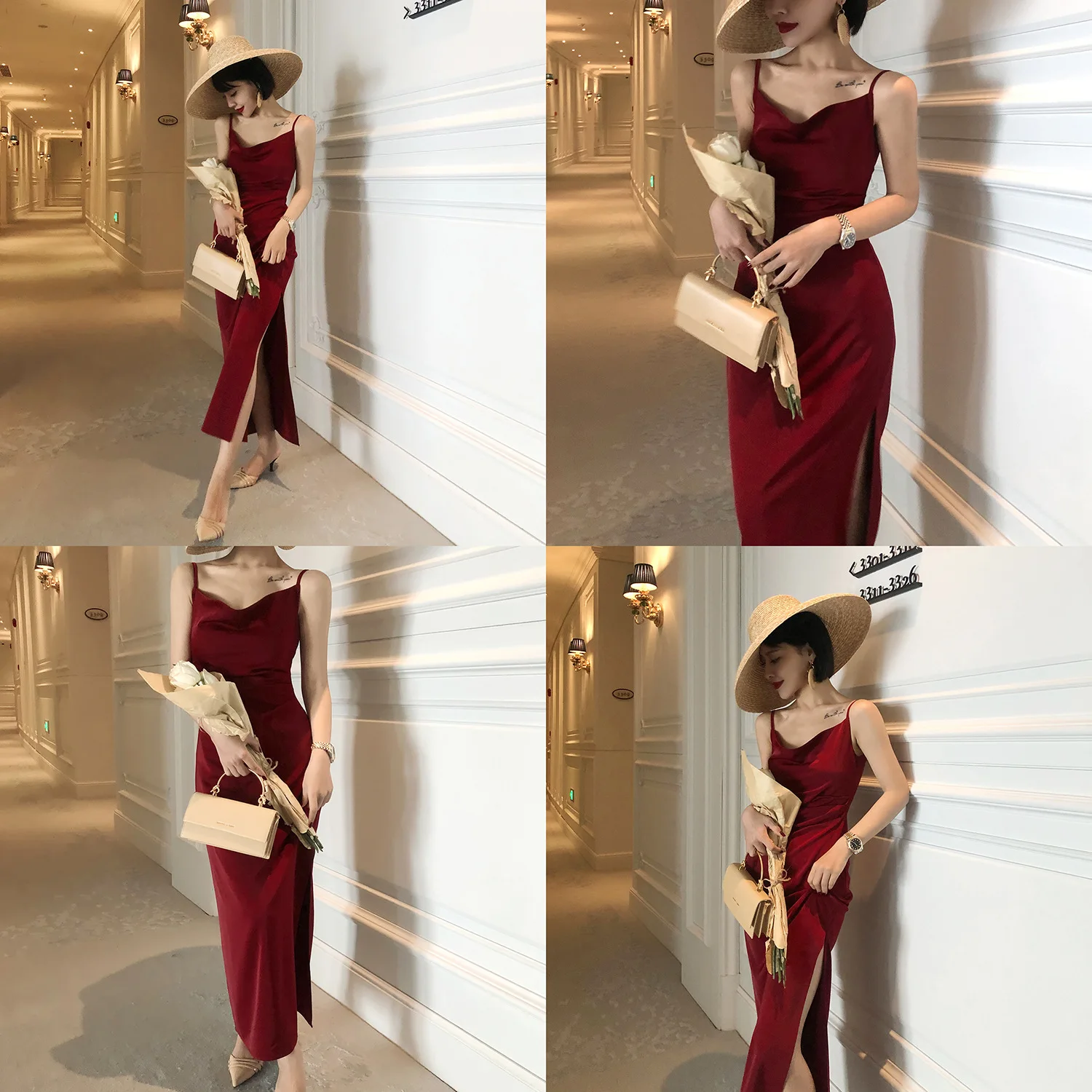 

Women Summer French Vintage Red Sexy Dress Female Satin High Waist Thin Spring Black Length Slim Body Soild Color Dress Party