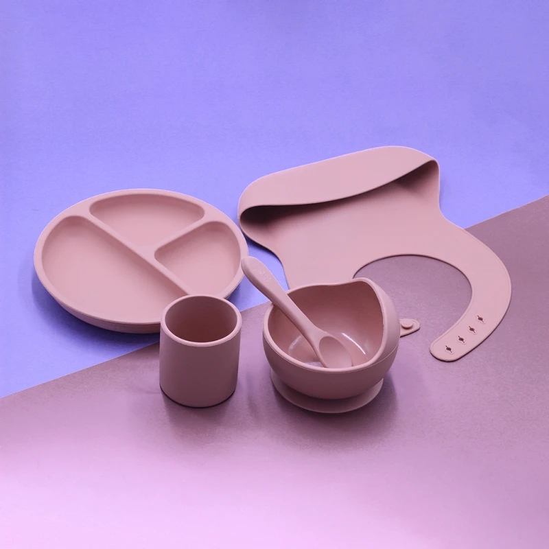 

5pcs/set BPA Free Baby Silicone Tableware Waterproof Bib Solid Color Dinner Plate Sucker Bowl And Spoon For Children