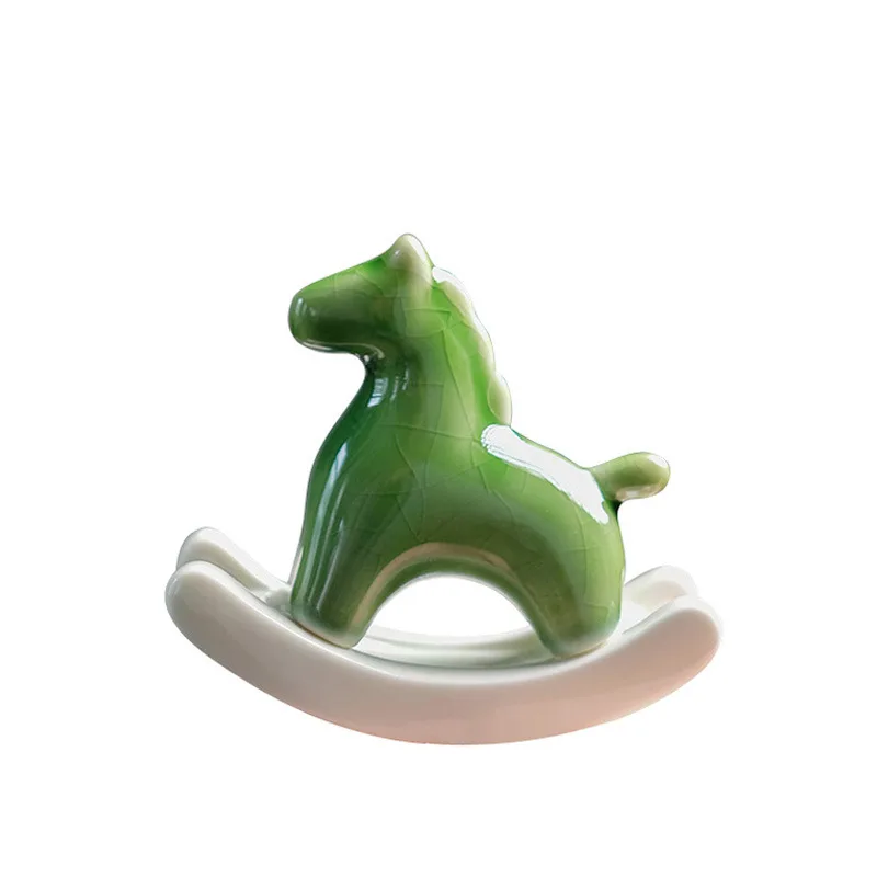 

Creative ceramic rocking horse ornaments Desktop porch tea table study soft decoration immediately green horse crafts gifts